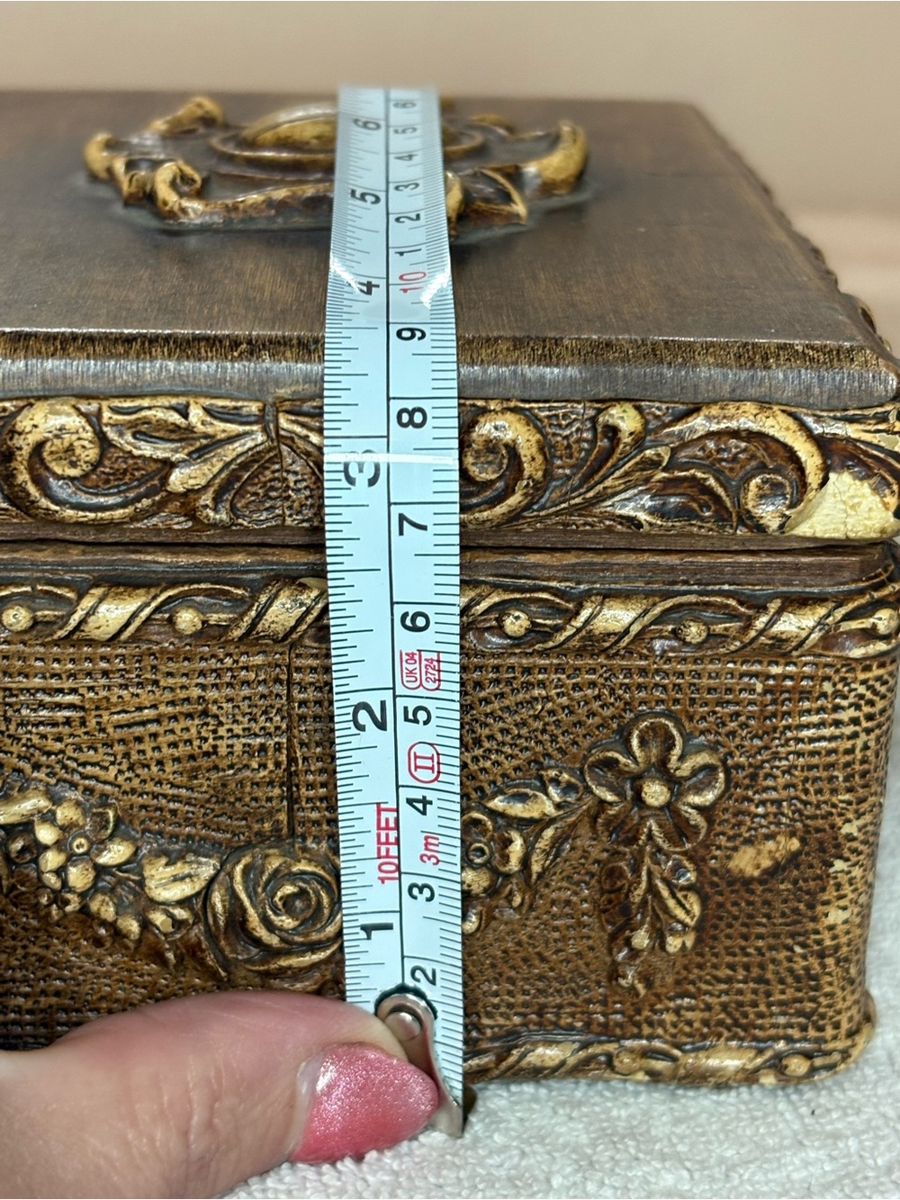 Vintage Ornate Jewelry Trinket Box Brown Gold Floral Syroco Style 6” - Picture 10 of 11